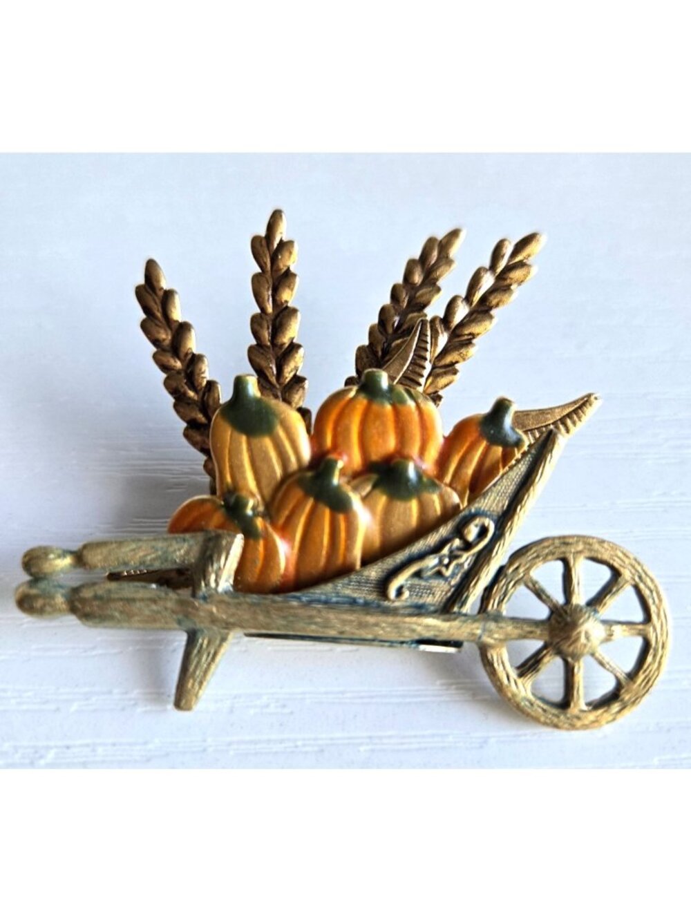 Harvest Wheelbarrow Brooch pin with Pumpkins